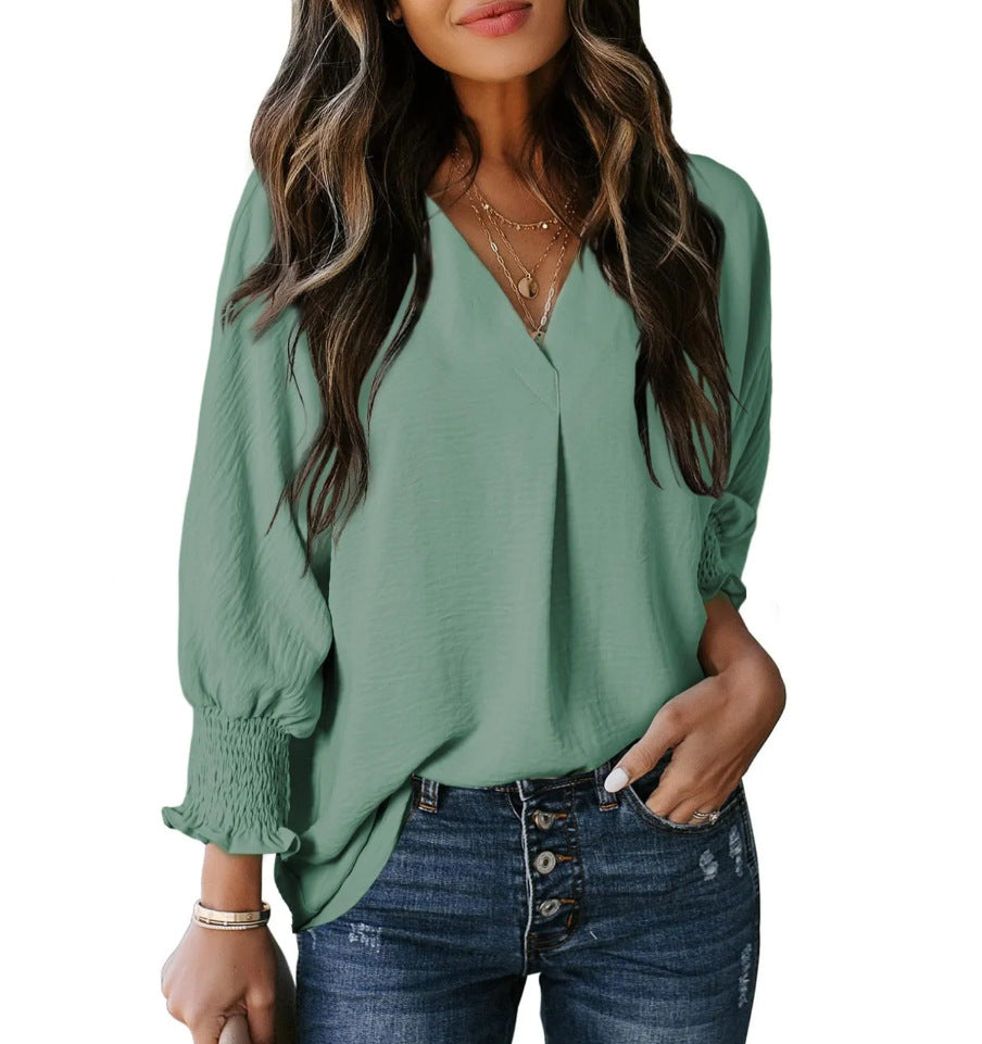 V-neck casual long-sleeved loose shirt
