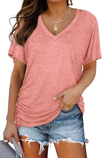 Women’s V-Neck Side Twist Ruched Short Sleeve Curved Hem Casual T-Shirt