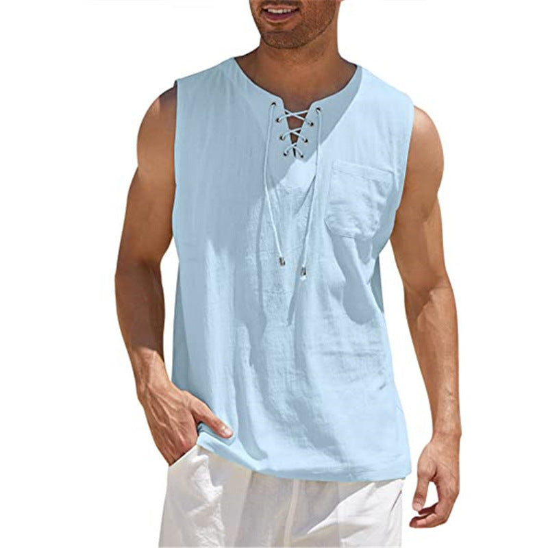 Lace-up Fashion Solid Color Cotton Linen Short-Sleeve T-Shirt