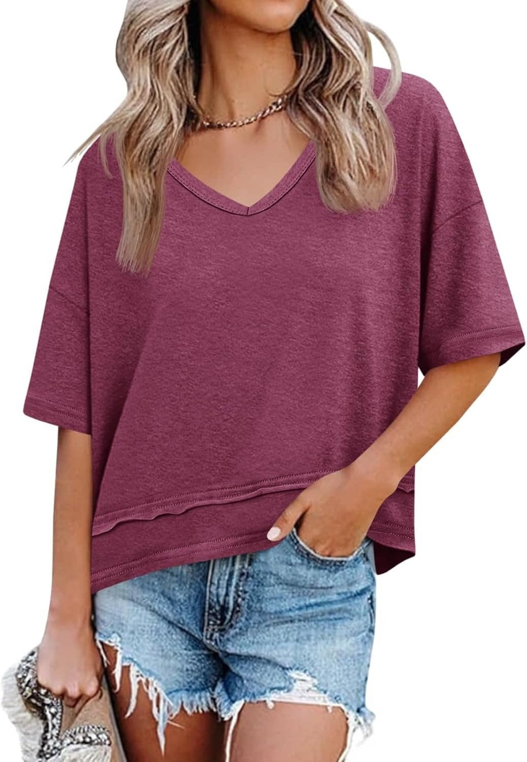 Solid color patchwork V-neck T-shirt