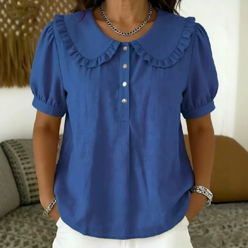 🔥 Ruffled Peter Pan Collar Puff Short Sleeve Half Placket Blouse