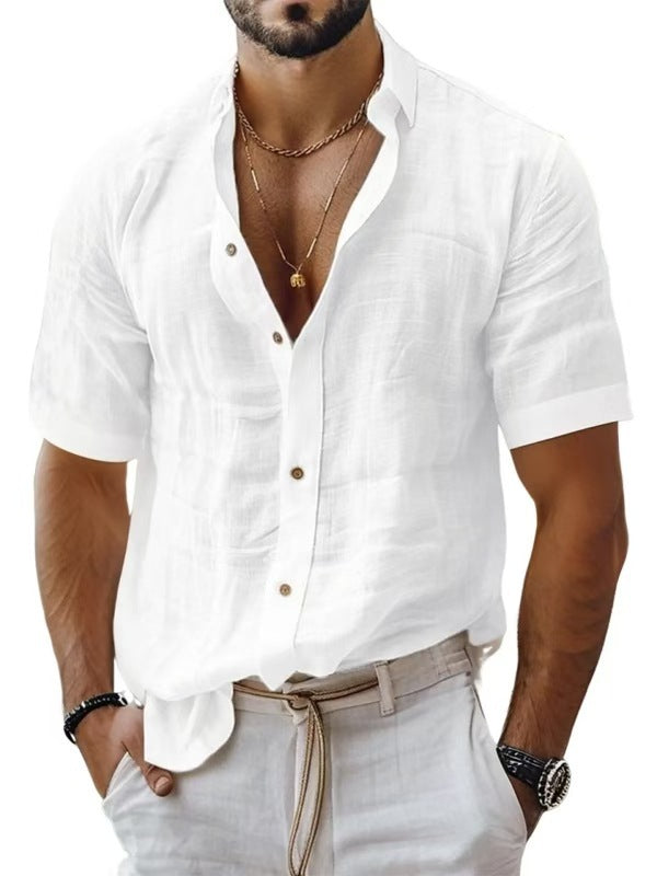 Men's casual cotton and linen shirt with turn-down collar