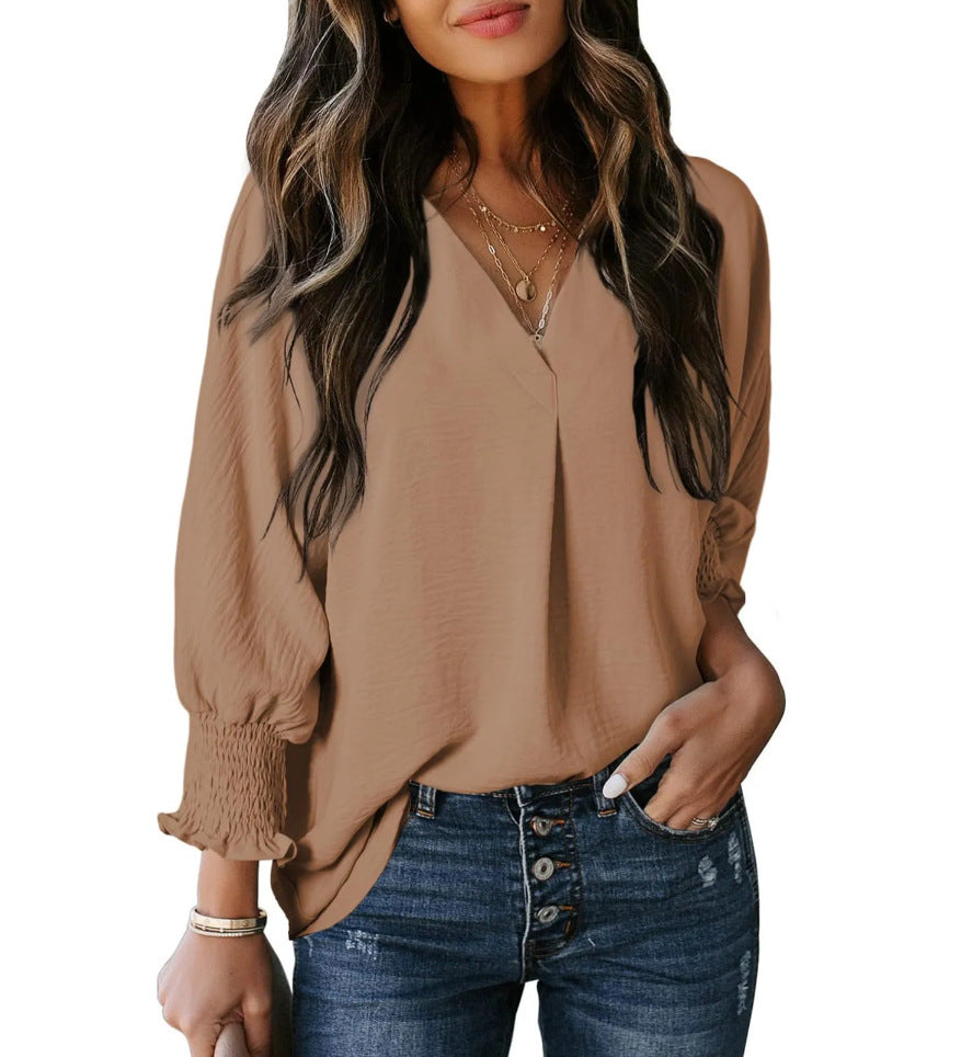 V-neck casual long-sleeved loose shirt