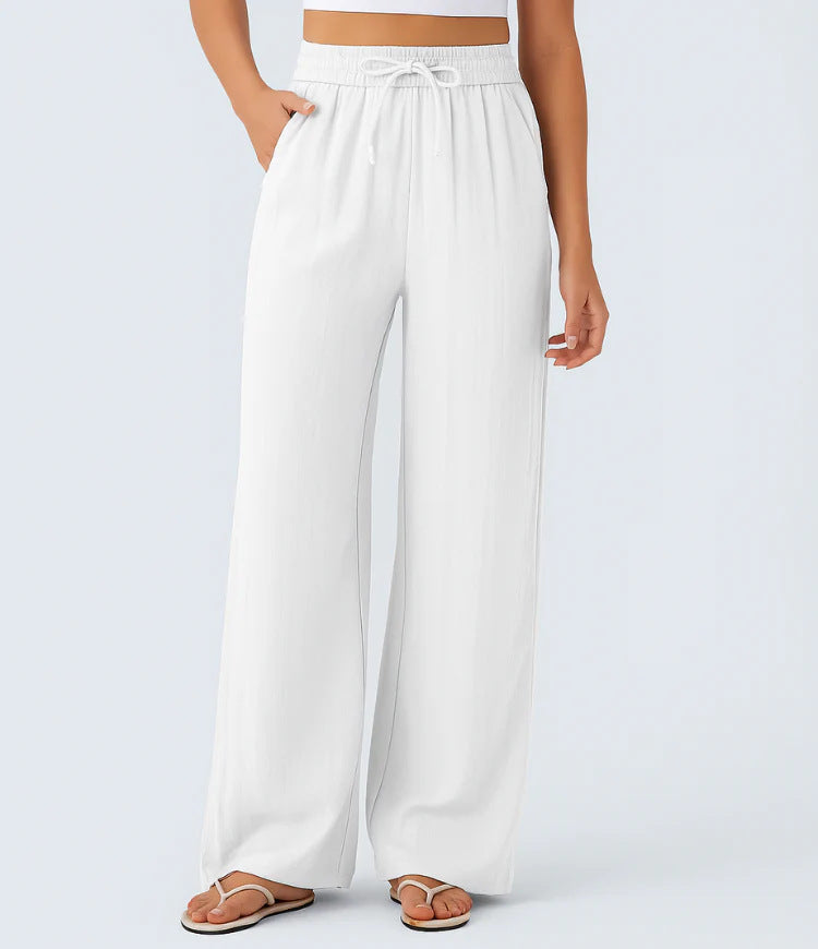 High-waisted drawstring side pocket wide-leg casual linen pants
