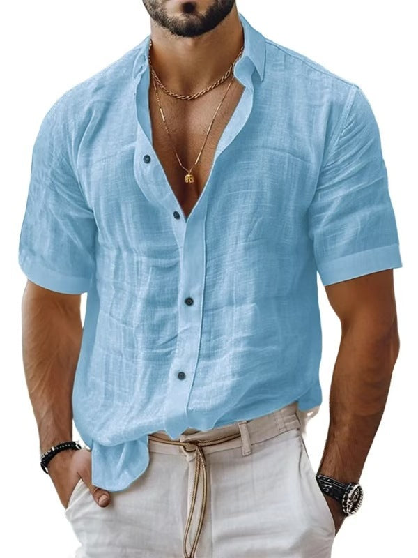 Men's casual cotton and linen shirt with turn-down collar