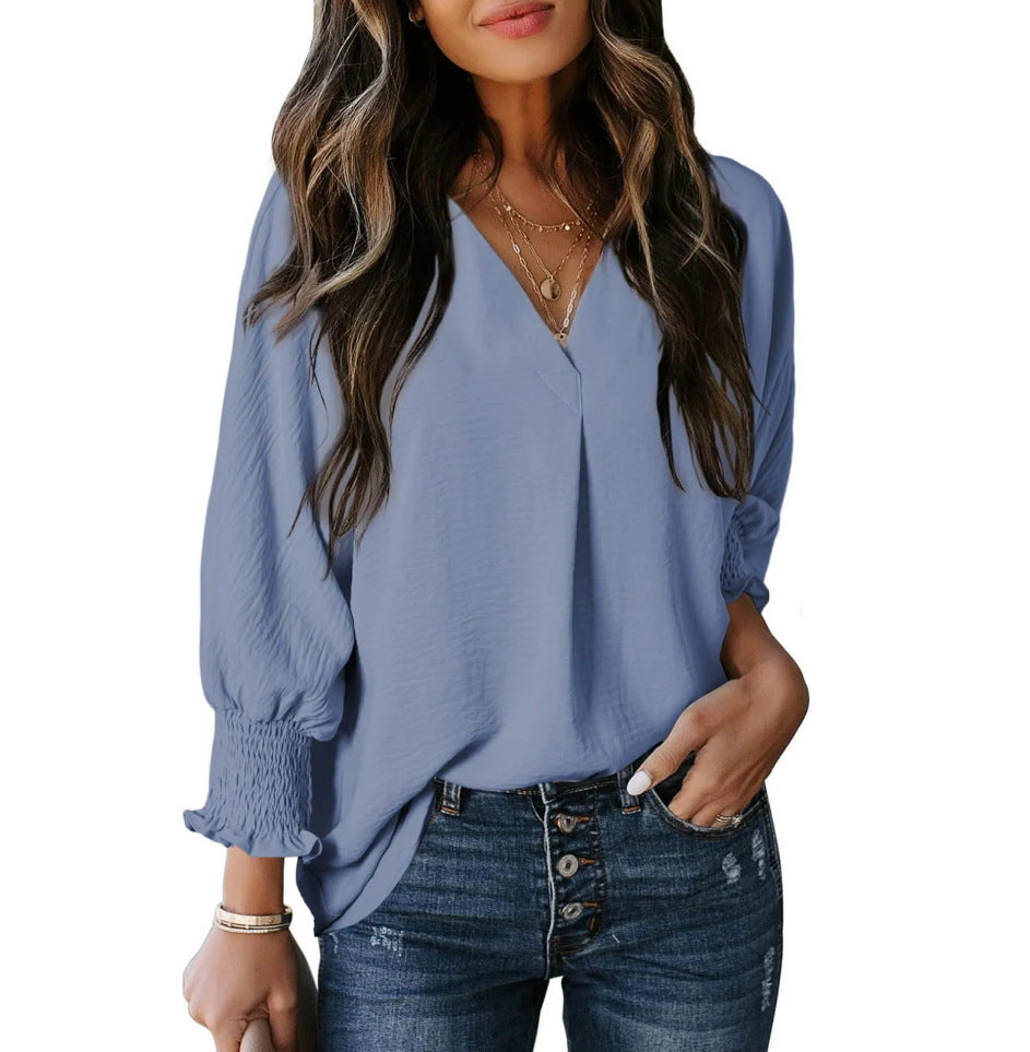 V-neck casual long-sleeved loose shirt