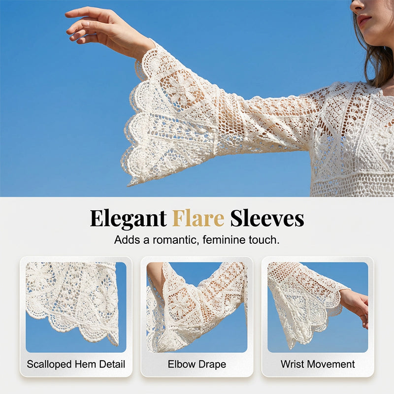 Women's Vintage-Inspired Lace Cover-Up Blouse – Flare Sleeves, Bohemian Beachwear 🌸